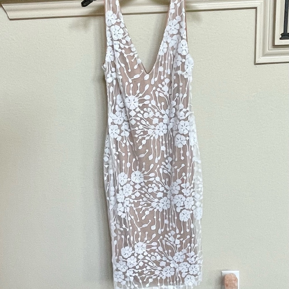 White sequin and nude midi dress